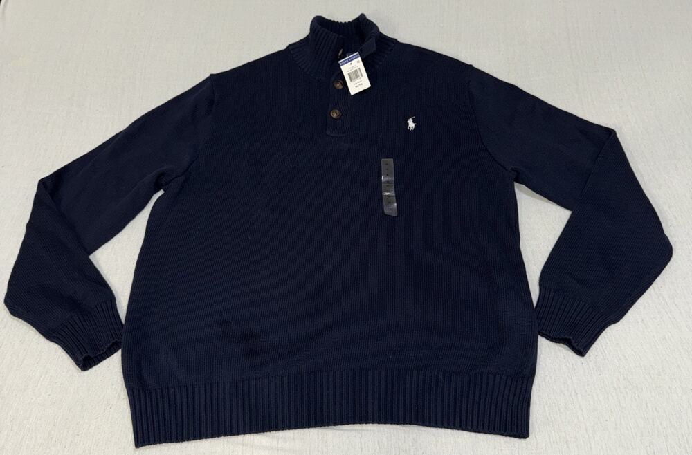 NWT Polo Ralph Lauren 3 Button Pullover Sweater Mens Navy Blue XL
